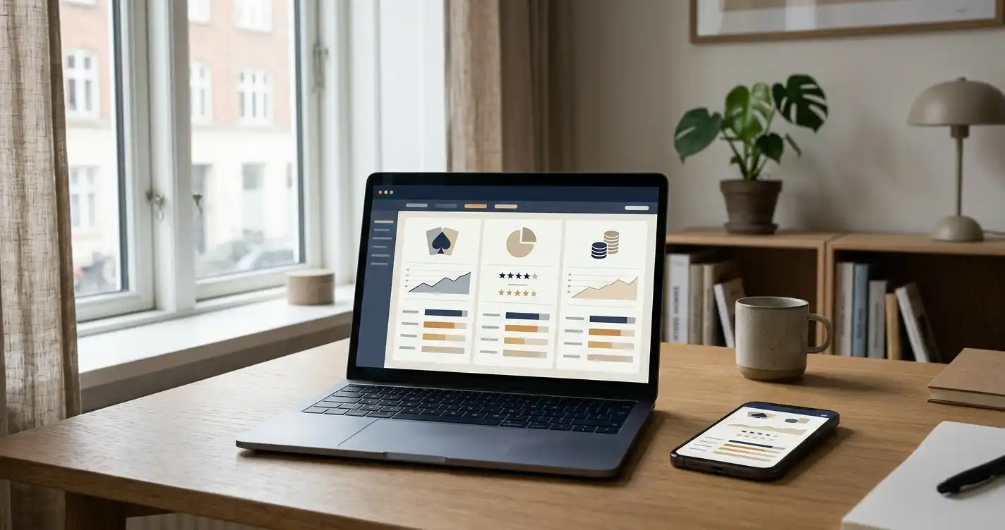 Neutral illustration af casinoanalyse på laptop og mobil